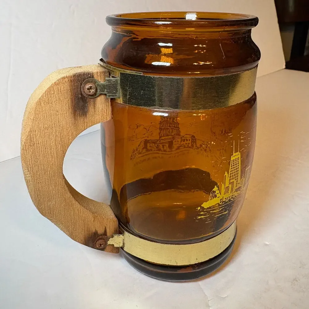 Vintage Illinois Souvenir Brown Glass Barrel Mug Wood Handle Lincoln